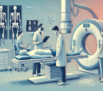 DALL·E 2024 11 01 15.48.37 A wide modern and vibrant digital illustration capturing the essentials of X ray positioning in a radiology setting. The scene includes a radiologis 1